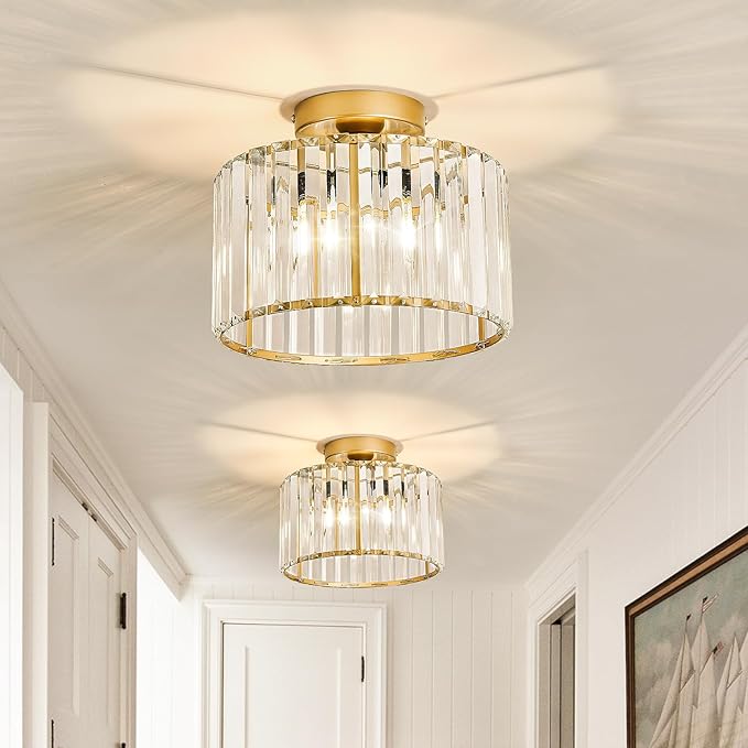 CVKASH 2 Pack Gold Crystal Semi Flush Mount Ceiling Light,Vintage Mini Ceiling Light Fixture Metal Close to Ceiling Lamp for Hallway Kitchen Living Room Bathroom Entryway Bedroom Closet