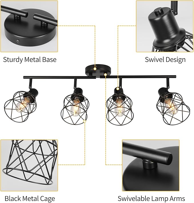 WILON Track Lighting Fixtures Ceiling 4-Light Flush Mount Ceiling Spot Lights, Industrial Track Light Black Kitchen Light Fixtures Rotatable Spotlight for Kitchen Hallway Living Room (E26 Base)