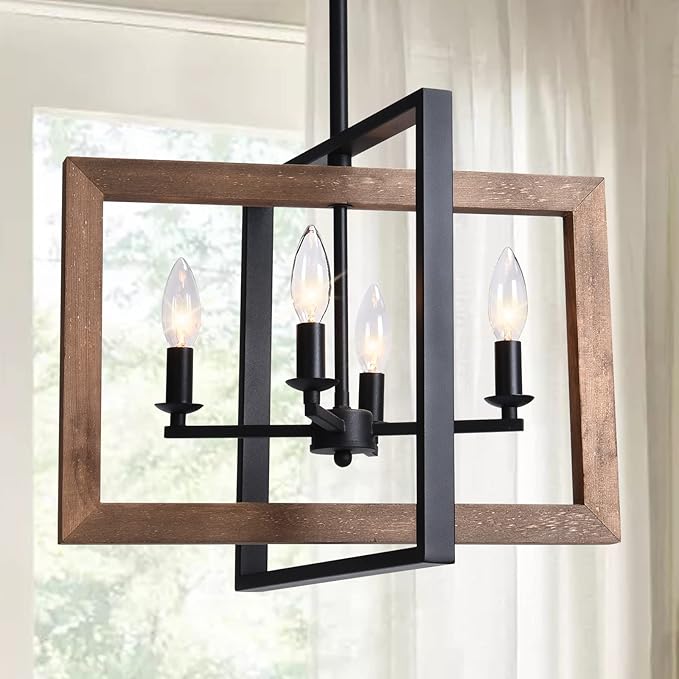 Lingkai Farmhouse Chandelier Rustic Kitchen Island Light Fixture, Industrial Pendant Lighting Fixtures Wood and Metal for Dining Room Pool Table