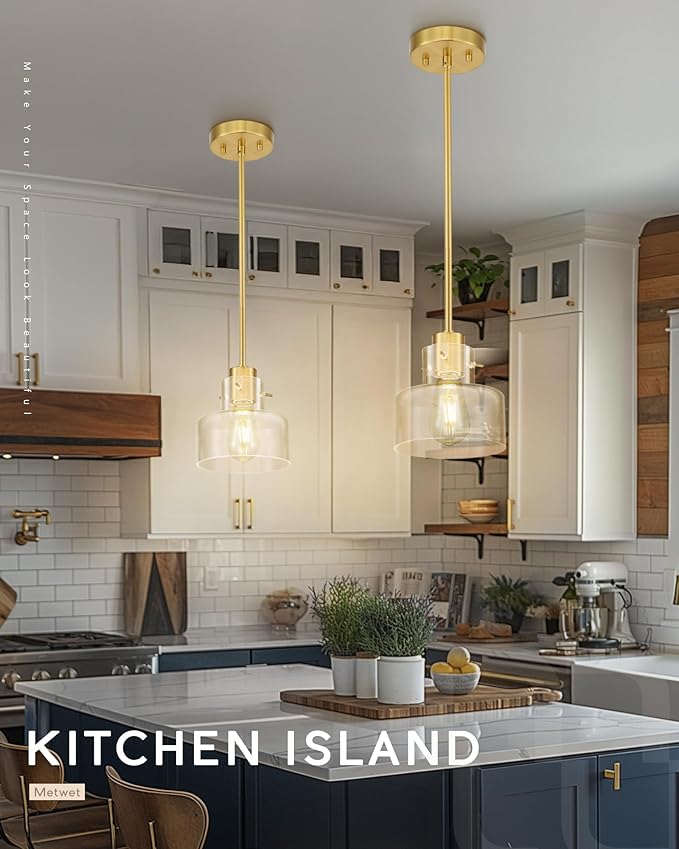 Brushed Gold Pendant Lights Kitchen Island, 6" Pendant Light Fixtures Over Island with Clear Glass Shade, Modern Brass Kitchen Island Lighting for Dining Room Entryway, PL124-BG-G-1PK