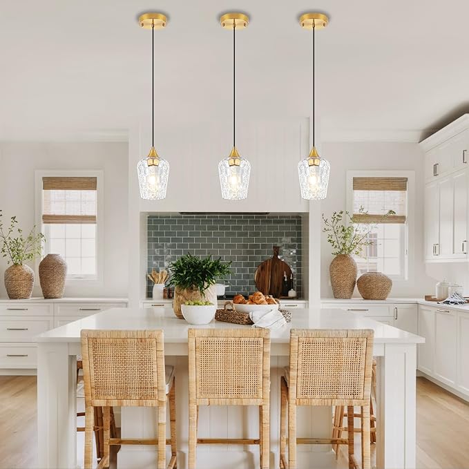 3 Pack Gold Pendant Lights Kitchen Island, Hammered Glass Pendant Lighting Over Island, Modern Hanging Kitchen Light Fixtures Over Sink Adjustable Mini Pendant Light for Bathroom Hallway Dining Room