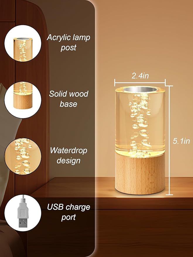 WLHONG Small Wood Table Lamp with USB - 3000K Dimmable LED Rechargeable Bedside Desk Light with Wooden Base, Portable Nightstand Bubble Lamps for Bedroom,Dorm,Living Room,Office Creative Lighting
