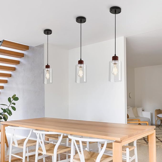 Modern Industrial Pendant Light, 3 Pack Mini Pendant Lighting with Clear Glass Shade, Adjustable Height, Rustic Wood Finish Ceiling Hanging Light Fixture for Kitchen Island Dining Room Bedroom