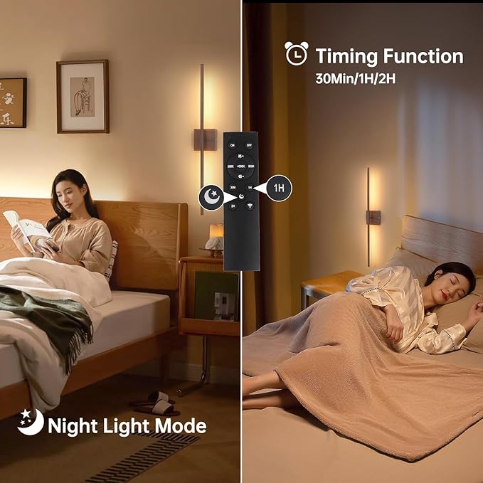 Shenmoyl Battery Operated Wall Sconce Set of 2, 10400mAh Rechargeable Wall Sconces, 3000K-6000K Dimmable, 350°Rotate, Indoor Wall Lights for Bedroom Living Room Bathroom, Black Walnut, 31.5 Inch