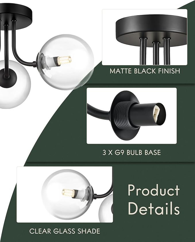 3-Globe Black Flush Mount Ceiling Light in a Modern Farmhouse Design is Ideal for Living Rooms, Matte