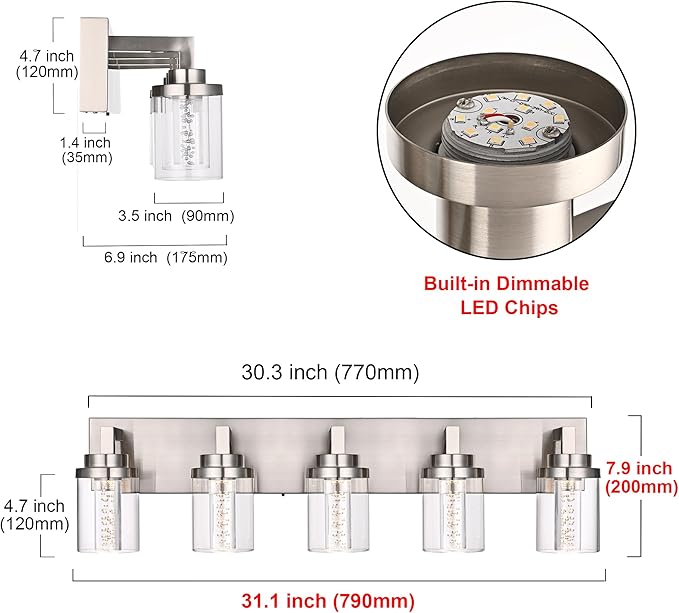 MELUCEE LED Vanity Light Bar 5-Light Bathroom Vanity Light Modern 25W Bath Lamps Over Mirror Brushed Nickel Bathroom Wall Lighting Fixtures with Clear Glass Shade Bubble Crystal Restroom Lighing