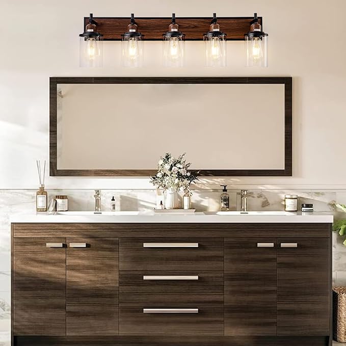 Lanhall 5-Light Farmhouse Bathroom Light Fixtures Vintage Bathroom Vanity Lights Over Mirror Black and Wood Painted Metal Vanity Light for Bathroom with Glass Shades E26 Socket