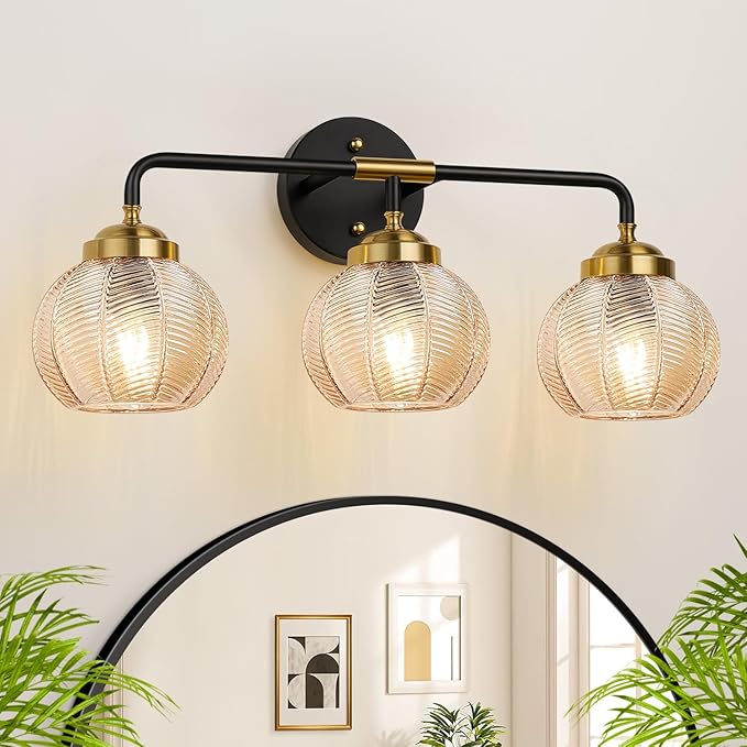 MOKATNG Bathroom Light Fixtures, 3-Light Amber Vanity Lights with Unique Leaf Texture Glass Shade, Modern Matte Black and Gold Bathroom Wall Lamp for Mirror Hallway Cabinet Living Room