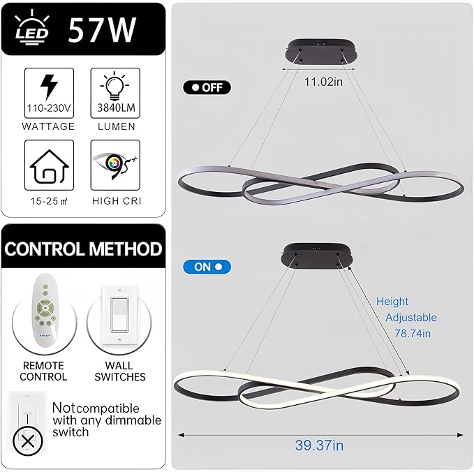 LED Chandelier,39.4inch Modern Led Pendant Light with Remote,Dimmable Black Chandelier for Dining Room,Adjustable Height 45W Aluminium Contemporary Ceiling Hanging Light Fixture for Kitchen
