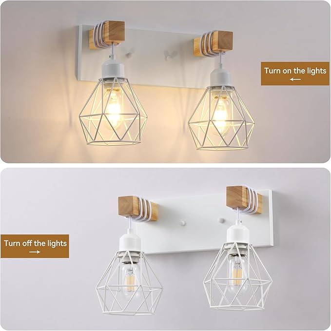 Farmhouse Vanity Light for Bathroom, 2-Light White Wood Bathroom Vanity Light Fixtures Over Mirror, Rustic Sconces Wall Lighting with Metal Lampshade for Living Room, Bedroom, Hallway