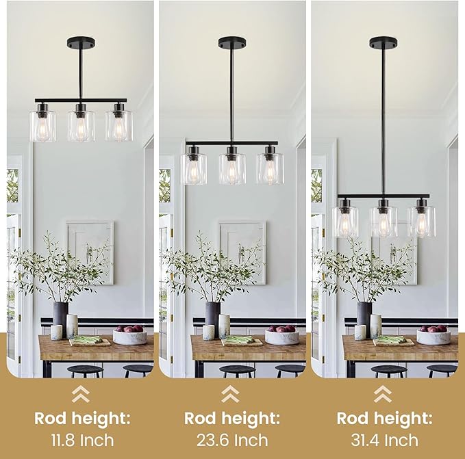 3-Light Kitchen Island Lighting, Black Pendant Light Fixture, Farmhouse Dining Room Light Fixtures Over Table, Modern Hanging Light Fixtures with Clear Glass, E26 Base, Bulbs Not Included