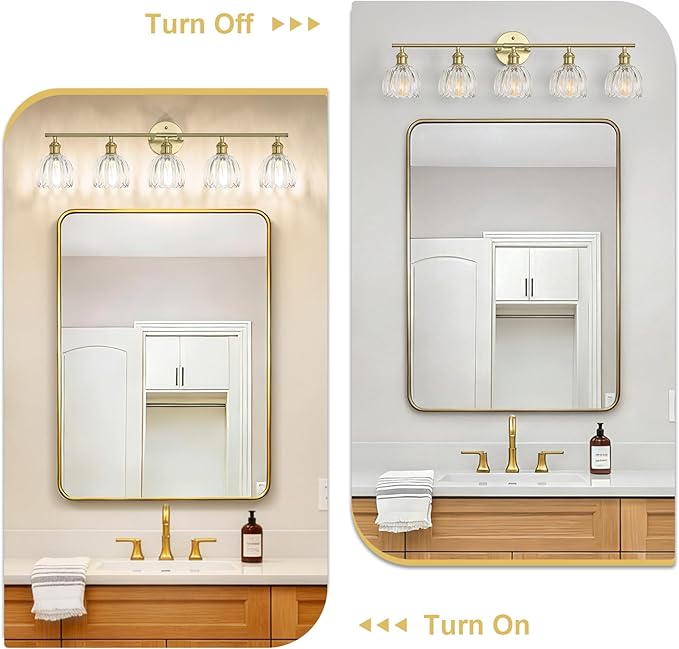 Vintage Bathroom Light Fixtures,5-Light Hardwired Vanity Lights with Clear Tulip Glass Shade,Gold Bathroom Vanity Light for Mirror Restroom,E26 Socket,33.46 in(Bulbs Not Included)