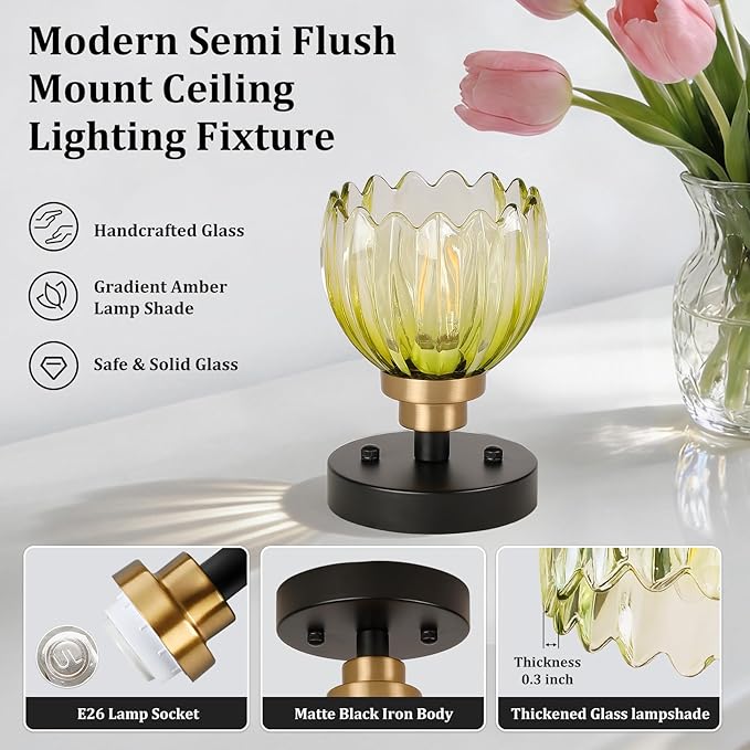 TALOYA Semi Flush Mount Ceiling Light, Close to Ceiling Light Fixtures with Green Tulip Glass Shades Modern Farmhouse Lighting Fixtures for Hallway Corridor Kitchen Bathroom Bedroom Passway