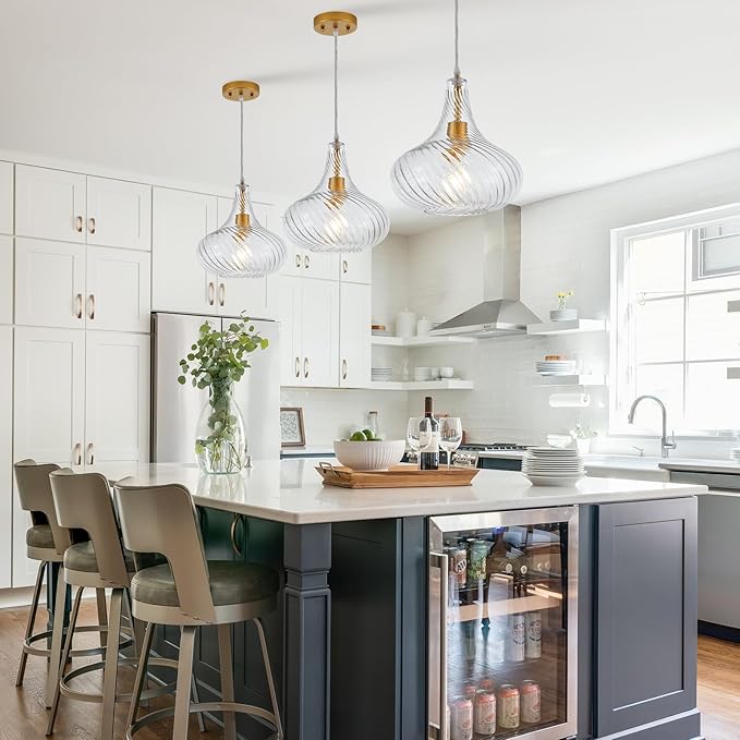 Glass Pendant Lights with Striped Shade 11inch Modern Gold Pendant Lighting Fixtures for Kitchen Island Adjustable 1 Light Large Ceiling Hanging Light for Kitchen Sink Dining Room Hallway, UL Listed