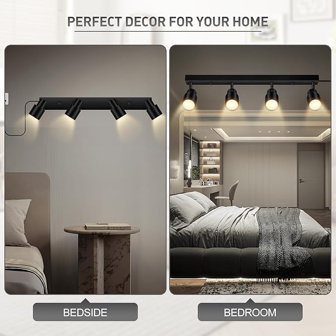 Plug in Track Lighting, 23" LED Track Lighting Fixtures Ceiling, Black 4 Way Spotlight, Rotatable Track Head, Plug in Ceiling Light with Power Cord, Plug Wall Light for Kitchen Hallway(GU10, NO Bulb)