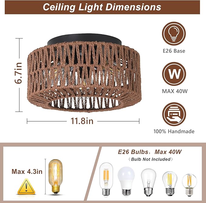Boho Light Fixture，3-Light Farmhouse Rattan Light Fixtures Ceiling Mount，Flush Mount Ceiling Light with Hand-Woven Shade，Modern Chandelier for Living Bedroom Entryway Kitchen Nursery