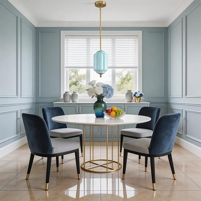 Vintage Blue Glass Pendant Lights 5.5 Inch Mid Century Brass Hanging Ceiling Light, Small Adjustable Height Kitchen Island Hanging Lights for Dining Room, Kitchen, Hallway and Bedroom, E12 Base