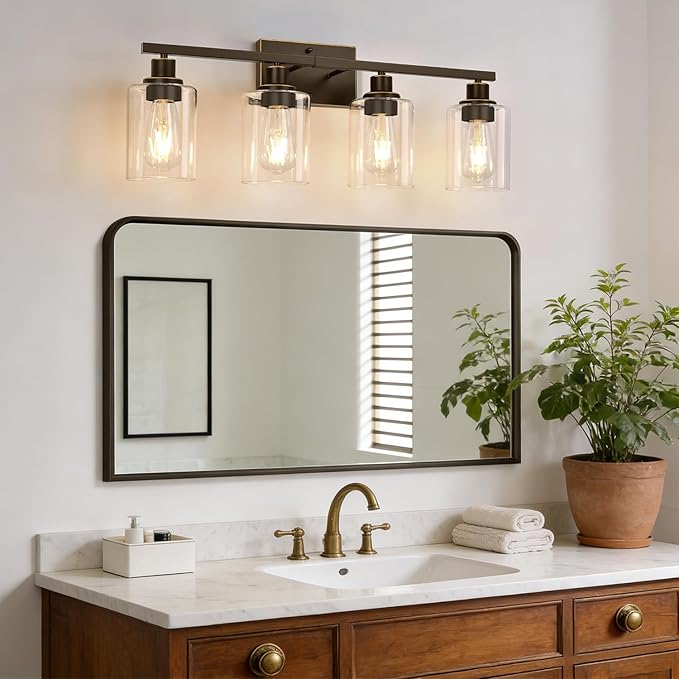 MOKATNG 4-Light Bathroom Light Fixtures, Vanity Light with Clear Glass Shades, Oil-Rubbed Bronze Bathroom Light Fixtures Over Mirror, Modern Bathroom Wall Lamp for Mirror Living Room Cabinet Bedroom