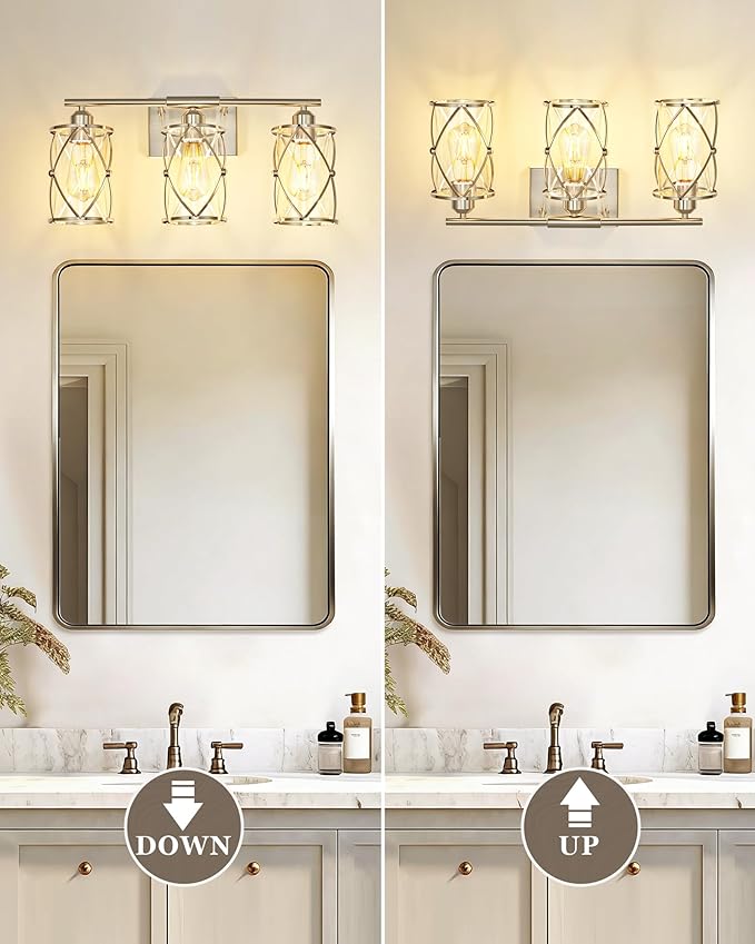 3-Light Brushed Nickel Bathroom Light Fixtures, 21 Inch Modern Bathroom Vanity Lighting Fixtures Over Mirror with Clear Glass and Metal Cage Wall Sconce Lights for Bath, E26, CH9176BN-3W