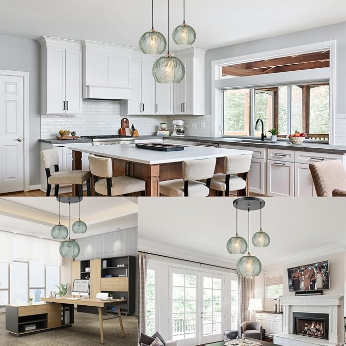 3-Light Cluster Chandelier, Mid Century Modern Dining Room Light Fixture Over Table, Kitchen Island Hanging Pendant Light Adjustable with Ribbed Glass Globe, Farmhouse Foyer Lighting