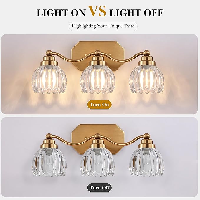 VbiTmn Gold Bathroom Light Fixtures, 3 Light Vintage Vanity Lights, Antique Brass Brushed Gold Finish, Crystal Transparent Glass Shade, Mid Century Wall Sconces for Bedroom, Living Room, Hallway