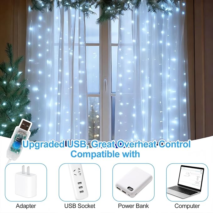 Fairy Curtain Lights Upgraded Tangle-Free Cool White USB Plug in 8 Modes String Hanging Lights with Remote for Christmas, Bedroom, Indoor, Outdoor, Weddings, Party (10 FT x 6.6 FT)