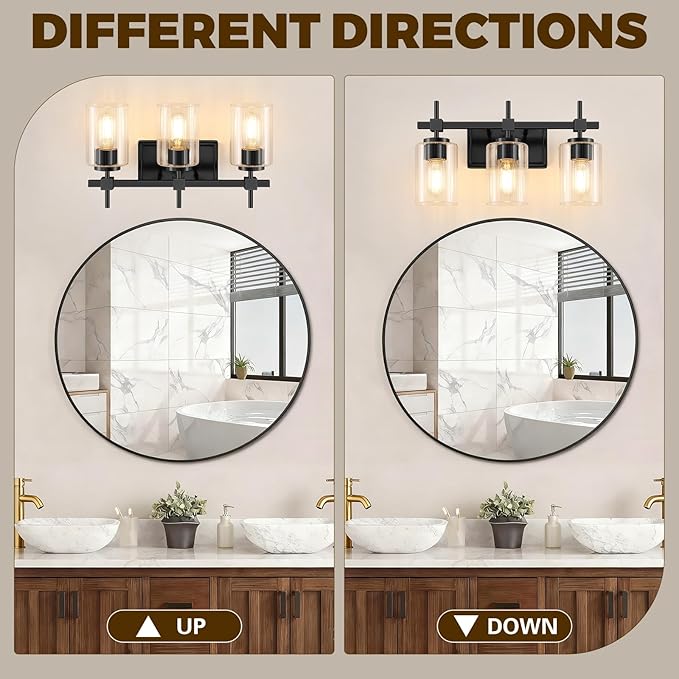 Asnxcju 3-Light Matte Black Vanity Light for Bathroom, Modern Bathroom Lighting Fixtures Over Mirror, Vanity Lights with Clear Glass Shade, Industrial Bath Wall Lamp for Living Room Bedroom Hallway