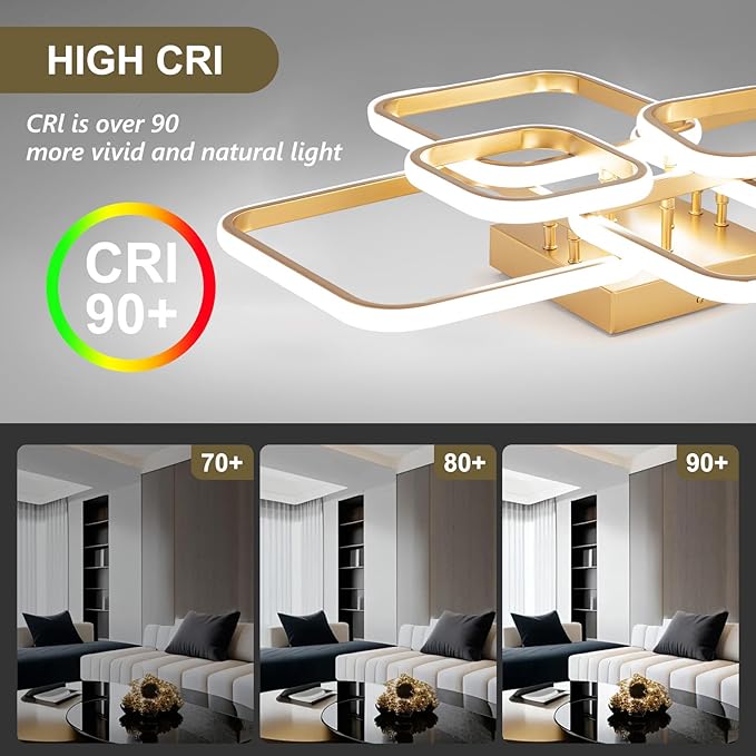 31.5" Modern LED Ceiling Light 6-Square Dimmable Ceiling Light Fixtures with Remote 3000K-6000K Gold Close to Ceilings Lamp 60W for Living Room, Bedroom
