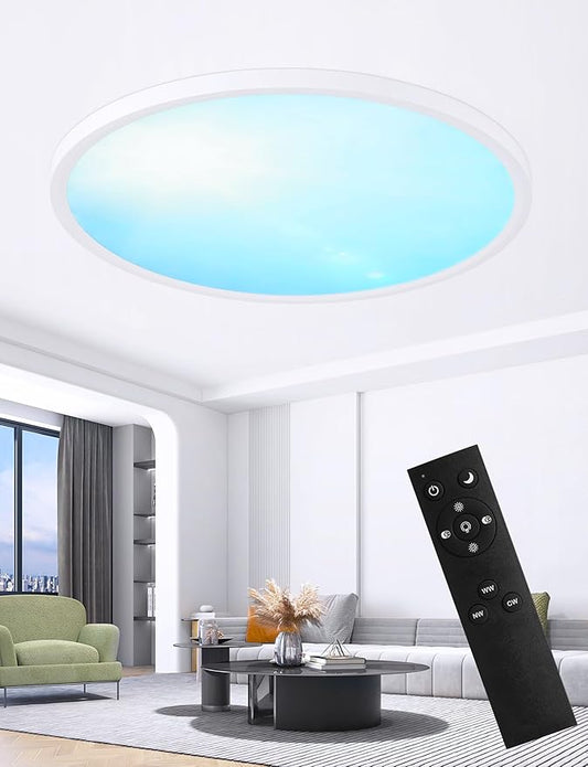 16 Inch Flush Mount Ceiling Light with Blue Sky Cover, Dimmable Ceiling Lamp with Remote, 32W LED Lighting Fixtures Sunlight Effect, Modern Slim Design for Classroom Bedroom Living Room, Round White