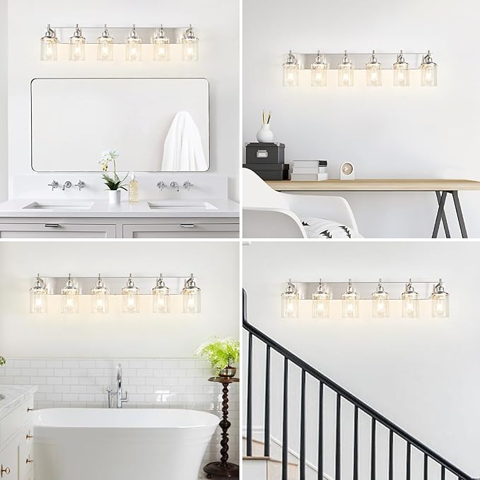 Lanhall 6-Light Brushed Nickel Bathroom Light Fixture Over Mirror Modern Bathroom Vanity Light Vintage Wall Lighting with Clear Glass Shade for Bathroom, Bedroom, Hallway, Cabinet