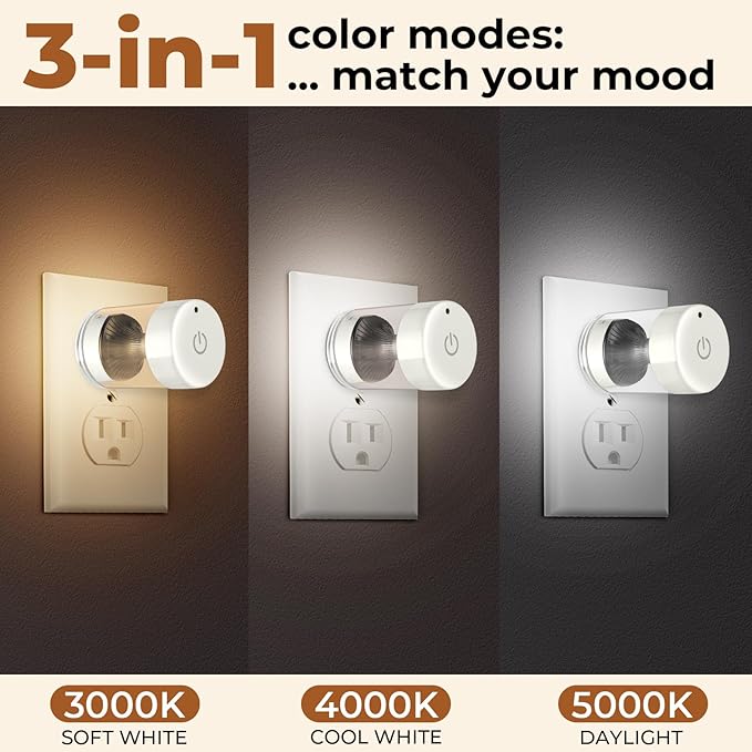 TSEXES 2 Pack LED Night Light Plug into Wall 3000K/4000k/5000K Adjustable Color Temperature Night Light,Touch Control Nightlight Dimmable,Built in Dusk to Dawn Sensor for Bathroom Hallway Kitchen