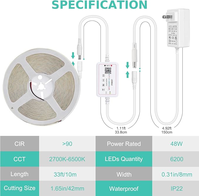 Wefomey COB LED Strip Light White, 33ft Dimmable 2700K-6500K High Density 24V Flexible LED Tape Light with Remote and APP Control, White led Strip Lights for Bedroom Kitchen Christmas Decor