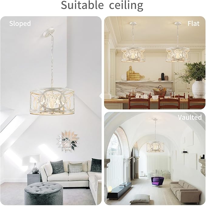WUZUPS Crystal Chandelier 5-Light Vintage Farmhouse Pendant Ceiling Light Lighting Fixture for Foyer Diningroom Bedroom Hallway Storage Kitchen Bathroom, H 8.3" W 16.1", E12 Base, Antique White