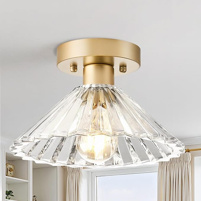 Modern Round Glass Ceiling Light, Mid-Century Lighting Fixtures, Gold Semi Flush Mount Ceiling Light for Hallway, Kitchen, Laundry Room, Bathroom, Entryway, 9.7 in