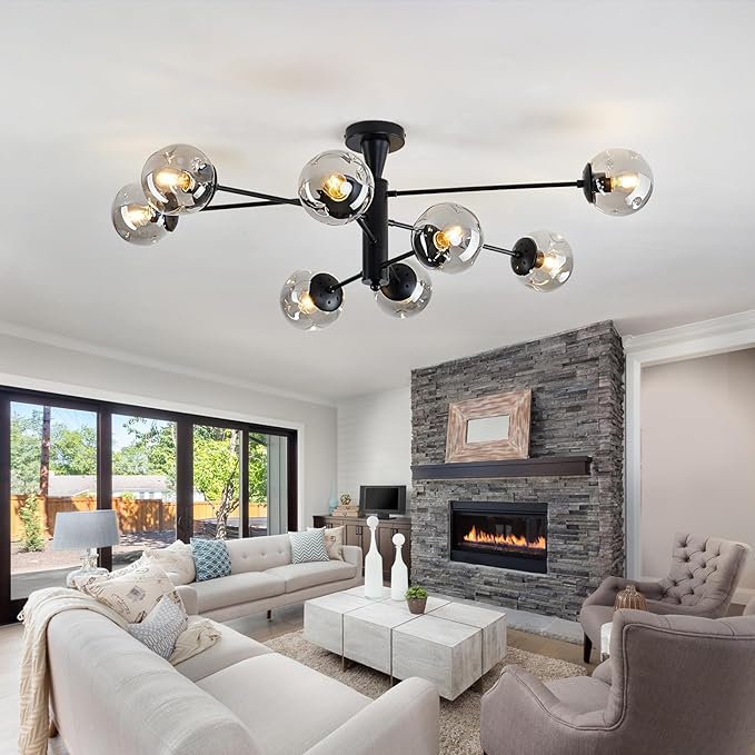 hesoge Modern Sputnik Ceiling Lights Black Semi Flush Mount Ceiling Fixture with Glass Globes 8 Light Large Chandelier for Dining Room Bedroom Living Room Kitchen Farmhouse.