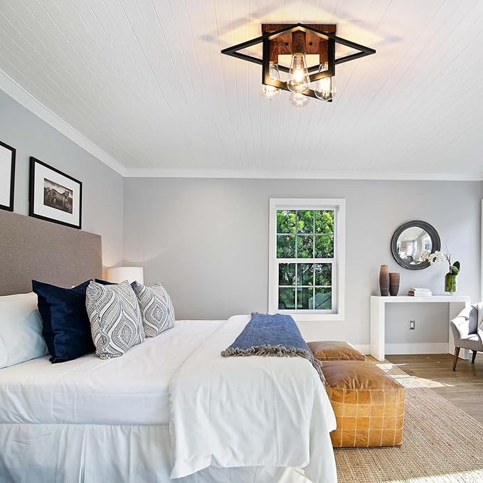 Semi Flush Mount Ceiling Light Fixture, 4 Light Industrial Ceiling Light with Black Frame & Wood Grain Accent, Close to Ceiling Farmhouse Lighting for Kitchen, Bathroom, Bedroom, Hallway (E26,1-Pack)