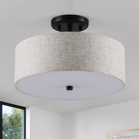 13.8 Inch Semi Flush Mount Ceiling Light Fixture, 3-Light Modern Farmhouse Drum Pendant with Fabric Shade for Bedroom Hallway Entryway Living Room (Oatmeal+Black)