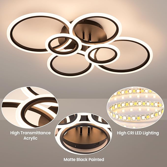 Modern Ceiling Light, 6 Rings Black Dimmable Flush Mount Ceiling Light with Remote, Acrylic Close to Ceiling Lighting Fixture for Living Room Dining Room Bedroom Kitchen (Black, 6 Heads)