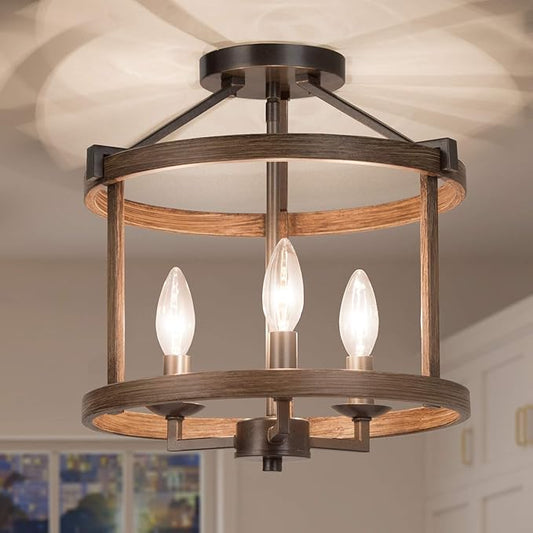 LALUZ Faux Wood Farmhouse Semi Flush Mount Ceiling Light Fixture for Bedroom, Hallway, Kitchen, Dining & Living Room and Foyer