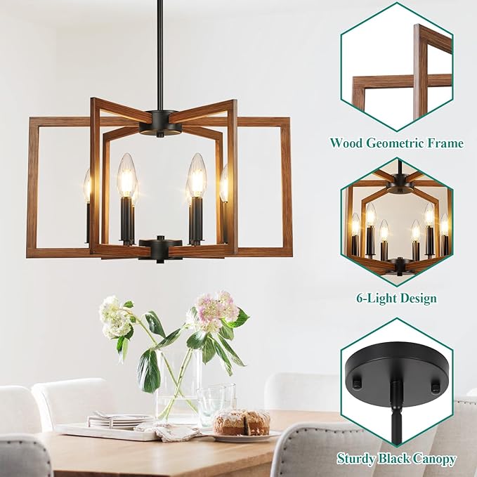 6-Light Wood Grain Chandelier, Farmhouse Dining Room Light Fixture, Modern Chandelier, Geometric Industrial Metal Hang Lighting Fixture for Foyer Entryway Kitchen Over Table Hallway Living Room