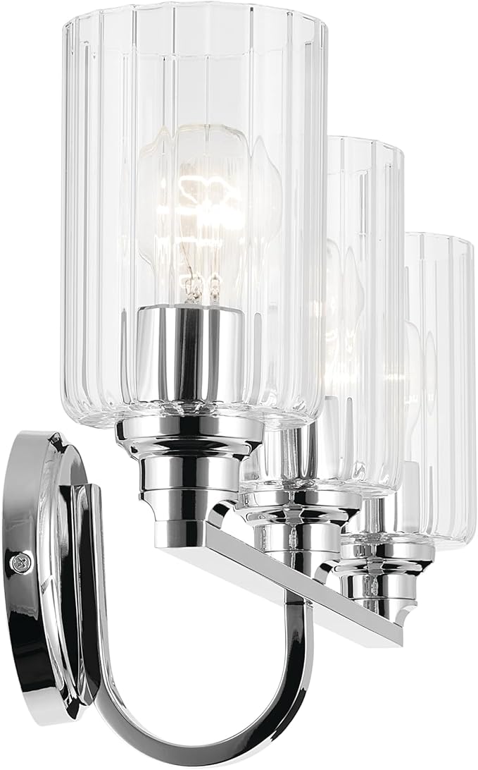 Kichler Gioe 24.25" 3-Light Bathroom Vanity Light Fixture with Clear Fluted Glass in Chrome, Damp Rated for Bathroom Over Mirror, Modern Style (24.25" W x 10.5" H), 55226CHFLU
