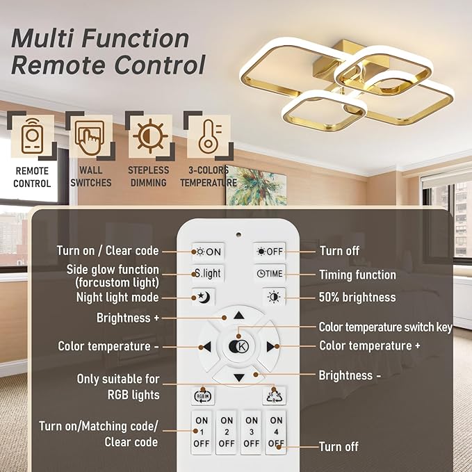 Dimmable Modern Ceiling Lights, 4-Square Flush Mount Ceiling Lighting with Remote Control, 3000K-6000K Gold LED Ceiling Light Fixtures for Bedroom, Dining Room,Kitchen