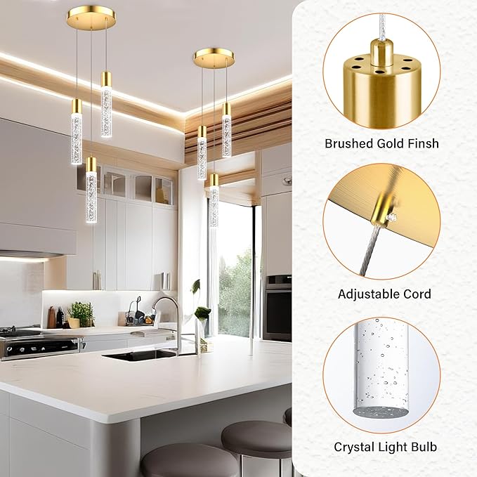 Pendant Lights Kitchen Island, Modern Kitchen Island Lights, Ceiling Lighting Fixtures with Crystal Bubble, Integrated LED Hanging Light Goid 1 Pack(3-Light)