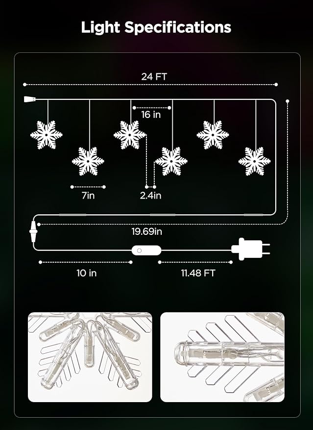 Brightown Smart Christmas Snowflake Lights Outdoor, 24ft 192LED with 16 Drops Icicle Lights with APP Control & Music Sync, Waterproof Connectable, 80+ Scene Modes for Roof, Yard, Patio, Window