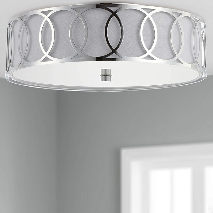 JONATHAN Y 13.25" Chrome Modern Metal LED Flush Mount Ceiling Light for Bedroom Hallway, White Linen Drum Shade with Geometric Fretwork, LED Bulbs Included (JYL3503B)