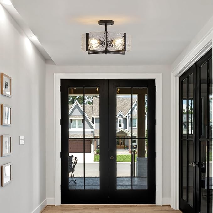 18" Black Large Semi Flush Mount Ceiling Light, 4-Light Farmhouse Ceiling Light, Foyer Light Fixtures Modern Glass Ceiling Mount for Entryway Bathroom Hallway Bedroom Kitchen