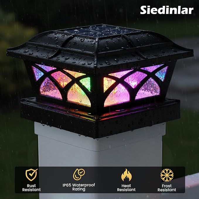 SIEDiNLAR Solar Post Cap Lights Outdoor Glass 2 Color Modes for 4x4 5x5 6x6 Wooden Vinyl Posts Fence Deck Patio Decoration RGB Color Changing/Warm White Lighting Black (4 Pack)