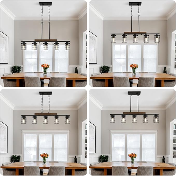 36" Farmhouse Kitchen Light Fixture, Black Hanging Kitchen Chandelier, 5-Light Rustic Dining Room Light Adjustable Height with Wood and Metal Frame, Suit for Farmhouse, Industrial Style