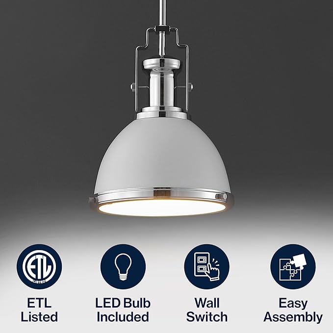 JONATHAN Y 10" Chrome/White Modern Industrial Iron LED Dome Pendant Light, Adjustable Hanging Fixture for Kitchen Island or Entryway, Black Metal Shade, LED Bulb Included (JYL9535C)