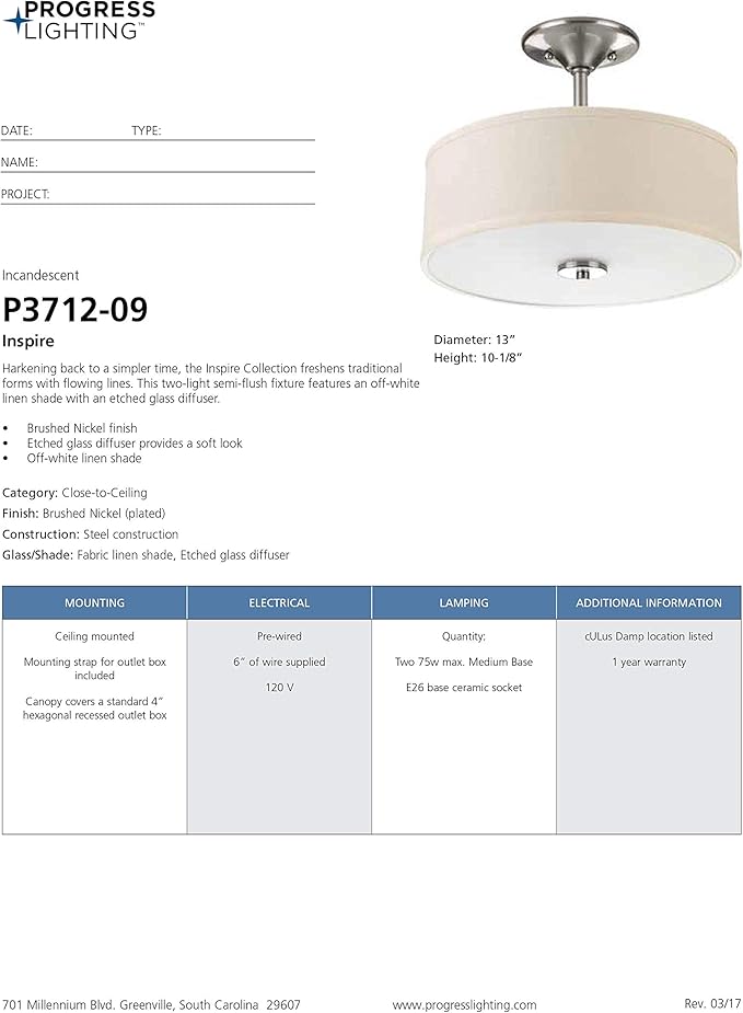 Progress Lighting P3712-09 Inspire Two-Light Semi-Flush, Brushed Nickel